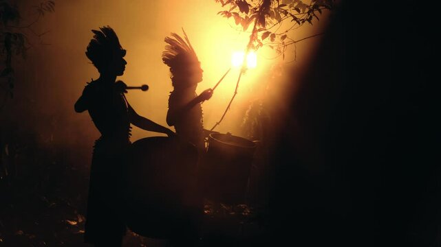 People playing tribal instruments or bass drums