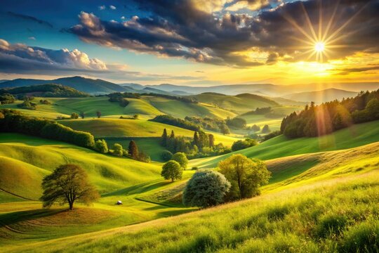sun-drenched green grass rolling hills idyllic summer landscape joyful carefree batter casual swing relaxed atmosphere warm golden tone nostalgic vintage classic