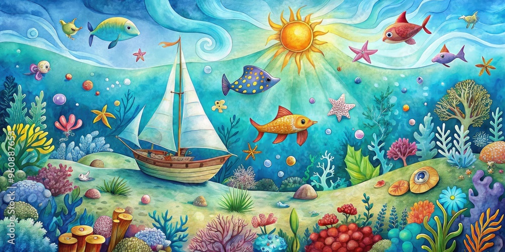 Wall mural Whimsical hand-drawn sailboat adventure amidst swirling sea creatures and coral reef under a bright turquoise sun