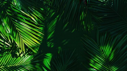 Lush Green Palm Leaves with Shadows on Dark Background