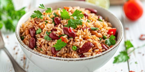 Close-up view of rice dish featuring red beans, tomatoes, and fresh coriander in a bowl on a light wooden surface.