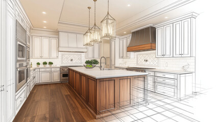 Fototapeta premium 3D rendering of an interior design sketch showing the layout and details for a modern kitchen with an island bar