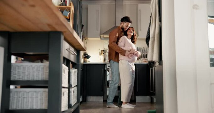 Dance, moment and pregnant with couple in kitchen of home together for celebration or family planning. Love, romance or smile with happy man and woman in apartment for bonding or pregnancy success