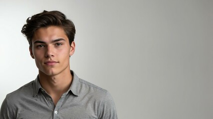 Obraz premium teen stunning brunette american man with gray shirt model portrait standing straight on a plain white background for ad concept space for text
