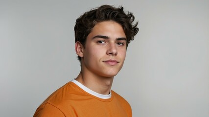 Obraz premium teen stunning brunette american man with orange shirt model portrait standing straight on a plain white background for ad concept space for text