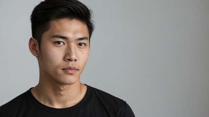 Fototapeta premium teen stunning brunette asian man with black shirt model portrait standing straight on a plain white background for ad concept space for text