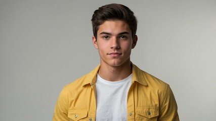 Fototapeta premium teen stunning brunette american man with yellow shirt model portrait standing straight on a plain white background for ad concept space for text