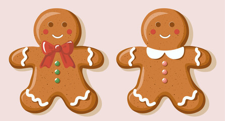 Cute gingerbread cookie man and woman, couple, vector illustration