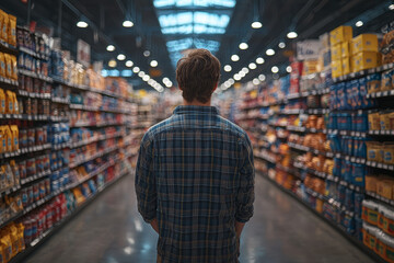 A retail employee restocking shelves with sale items amid a flurry of activity. Concept of store management and Black Friday preparations.