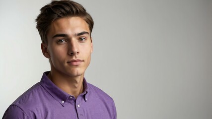 Obraz premium teen stunning brunette caucasian man with purple shirt model portrait standing straight on a plain white background for ad concept space for text
