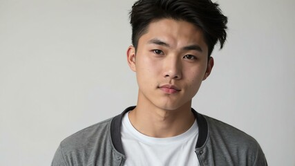 Obraz premium teen stunning brunette east asian man with gray shirt model portrait standing straight on a plain white background for ad concept space for text