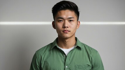 Obraz premium teen stunning brunette east asian man with green shirt model portrait standing straight on a plain white background for ad concept space for text