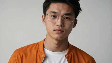 Obraz premium teen stunning brunette east asian man with orange shirt model portrait standing straight on a plain white background for ad concept space for text