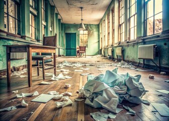 crumpled medical prescription papers on worn wooden floor amidst abandoned hospital furniture with cold pastel colors and eerie atmosphere