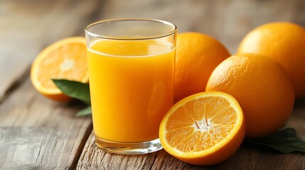Fresh orange juice served in a glass, accompanied by juicy oranges on a rustic wooden background.