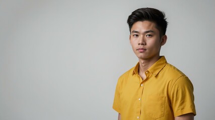 Obraz premium teen stunning brunette east asian man with yellow shirt model portrait standing straight on a plain white background for ad concept space for text