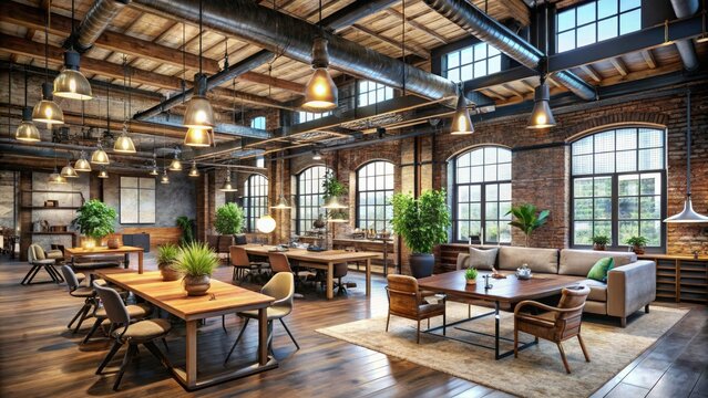 industrial loft converted startup hub exposed ductwork reclaimed wood Edison bulbs hipster vibe laid-back creative freedom innovation hub modern entrepreneur spirit