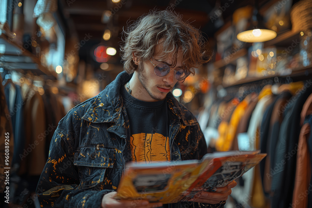 Poster a non-binary individual shopping for clothes in a boutique, exploring different styles and expressin