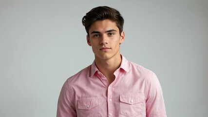 Fototapeta premium teen stunning brunette european man with pink shirt model portrait standing straight on a plain white background for ad concept space for text