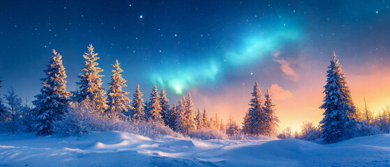 Northern Lights over a snow-covered forest, star-filled sky. North Pole. Christmas concept.