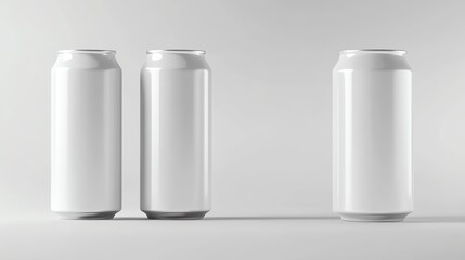 Three blank cans on a minimalist background, perfect for mockups, presentations, or promotional designs.