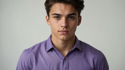 Obraz premium teen stunning brunette european man with purple shirt model portrait standing straight on a plain white background for ad concept space for text