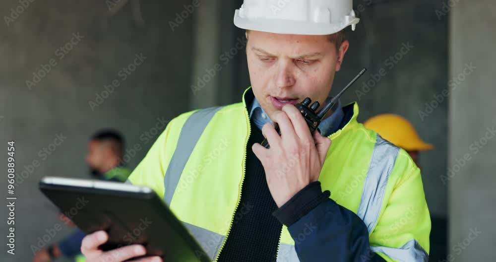 Poster radio, tablet and contractor with man on construction site for project management, property developm