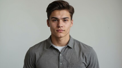 Obraz premium teen stunning brunette finnougric man with gray shirt model portrait standing straight on a plain white background for ad concept space for text