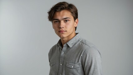 Obraz premium teen stunning brunette finnougric man with gray shirt model portrait standing straight on a plain white background for ad concept space for text
