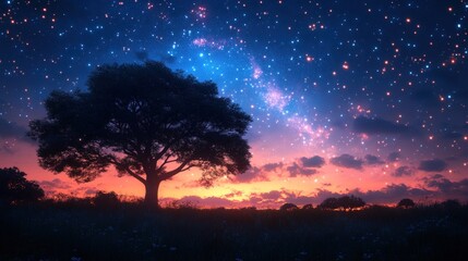 Fototapeta premium A silhouette of a tree stands against a vibrant sky filled with stars at sunset.