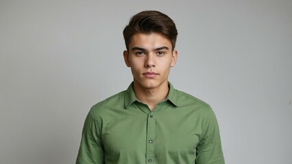 Obraz premium teen stunning brunette finnougric man with green shirt model portrait standing straight on a plain white background for ad concept space for text