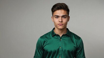 Fototapeta premium teen stunning brunette finnougric man with green shirt model portrait standing straight on a plain white background for ad concept space for text