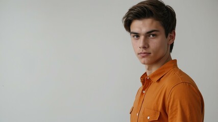 Obraz premium teen stunning brunette finnougric man with orange shirt model portrait standing straight on a plain white background for ad concept space for text