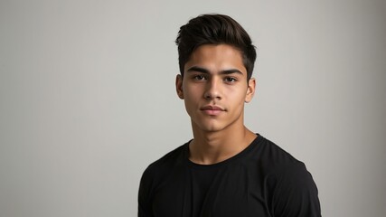 Fototapeta premium teen stunning brunette hispanic man with black shirt model portrait standing straight on a plain white background for ad concept space for text