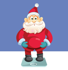 Santa Claus Weighing Himself on a Body Scale Vector Cartoon. Funny overweight Santa feeling worried about overeating during holidays 

