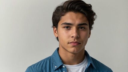 Obraz premium teen stunning brunette hispanic man with blue shirt model portrait standing straight on a plain white background for ad concept space for text