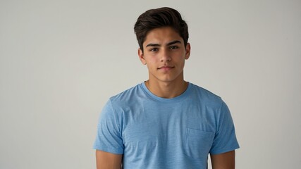 Obraz premium teen stunning brunette hispanic man with blue shirt model portrait standing straight on a plain white background for ad concept space for text