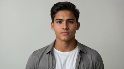 Obraz premium teen stunning brunette hispanic man with gray shirt model portrait standing straight on a plain white background for ad concept space for text