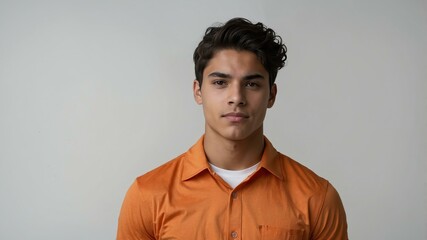 Obraz premium teen stunning brunette hispanic man with orange shirt model portrait standing straight on a plain white background for ad concept space for text