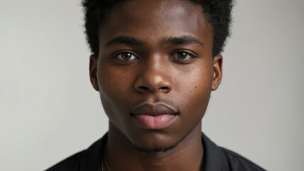 Obraz premium teen stunning brunette subsaharan african man with black shirt model portrait standing straight on a plain white background for ad concept space for text
