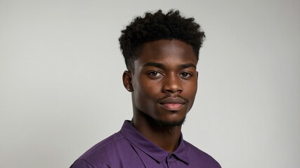 Obraz premium teen stunning brunette subsaharan african man with purple shirt model portrait standing straight on a plain white background for ad concept space for text