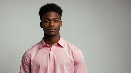 Fototapeta premium teen stunning brunette subsaharan african man with pink shirt model portrait standing straight on a plain white background for ad concept space for text