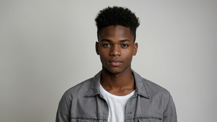 Obraz premium teen stunning brunette subsaharan african man with grey shirt model portrait standing straight on a plain white background for ad concept space for text