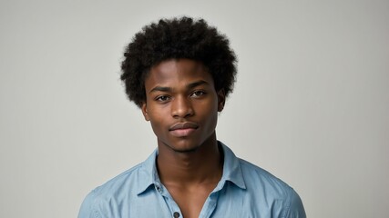 Obraz premium teen stunning brunette subsaharan african man with blue shirt model portrait standing straight on a plain white background for ad concept space for text