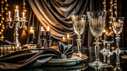 Elegant sophisticated black tie evening glamorous crystal glassware ornate metal rim luxurious velvet drapes moody dramatic low key lighting