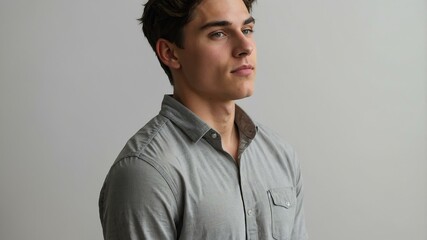 Fototapeta premium teen stunning brunette white man with gray shirt model portrait standing straight on a plain white background for ad concept space for text