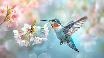 Fototapeta premium Hummingbird in Flight Near Cherry Blossoms