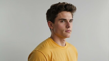 Fototapeta premium teen stunning brunette white man with yellow shirt model portrait standing straight on a plain white background for ad concept space for text