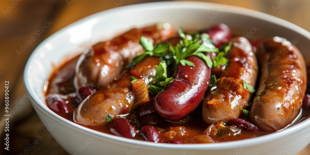 Poster tomato paste with simmered red beans and sausages in a light bowl