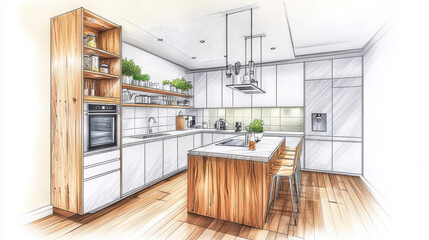 Fototapeta premium An architectural drawing of the interior design for a kitchen in white and wood colors, the lines should have a grid pattern